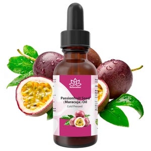 May include: A brown glass bottle with a dropper top filled with passionfruit seed oil. The bottle has a white label with the text "Relaxcation Passionfruit Seed (Maracuja) Oil Cold Pressed". The label also features a pink lotus flower symbol. The bottle is surrounded by passionfruit.