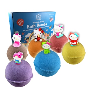 6 Bath Bombs with KITTY Toys Inside for Kids – Natural & Safe Bombs w/ Essential Oils  – Great Gift Set for Boys and Girls – 6 x 5 oz