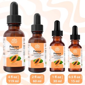 Pu&ograve; includere: Quattro bottiglie di vetro ambrato di olio di semi di papaia di diverse dimensioni, etichettate "Relaxcation Olio di semi di papaia (100% puro e naturale) spremuto a freddo". Le bottiglie sono disposte dalla pi&ugrave; grande alla pi&ugrave; piccola, con la bottiglia pi&ugrave; grande da 4 fl oz (119 ml) e la bottiglia pi&ugrave; piccola da 0,5 fl oz (15 ml).