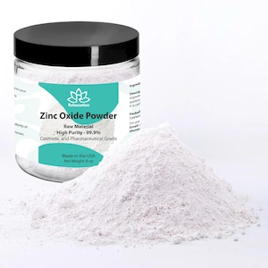 May include: A white jar of zinc oxide powder with a green and white label that reads "Relaxcation Zinc Oxide Powder Raw Material High Purity - 99.9% Cosmetic and Pharmaceutical Grade Made in the USA Net Weight: 8 oz".