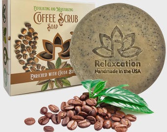 1 Natural Coffee Scrub Soap Bar - Exfoliating with Organic Cocoa Butter - Round Handmade in the USA
