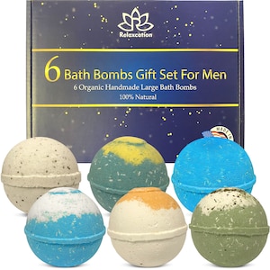 6 Bath Bombs Gift Set For Men - All Natural Ingredients - Relaxing Epsom Salt, Organic Essential Oils - Handmade Spa Fizzy Product For Him