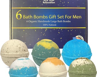 Set de regalo de 6 bombas de baño para hombres: ingredientes totalmente naturales, sales de Epsom relajantes, aceites esenciales orgánicos, producto de spa efervescente hecho a mano para él