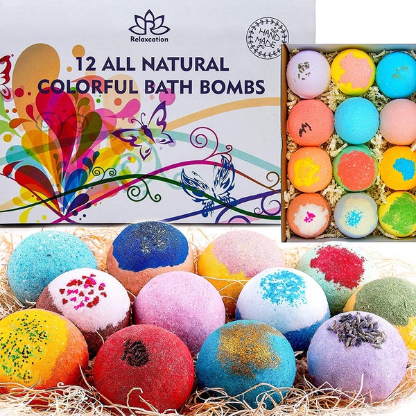 12 Bath Bombs Gift Set for Kids, Moms- All Natural Ingredients - Relaxing Epsom Salt, Organic Essential Oils - Handmade Spa Fizzies Product