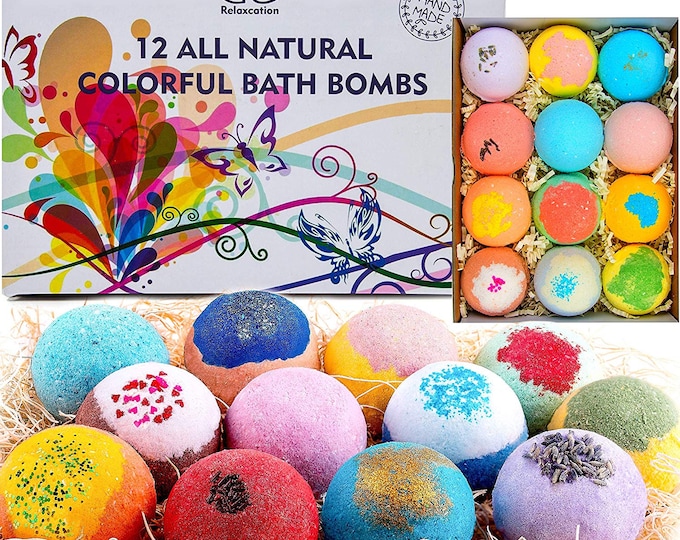 12 Bath Bombs Gift Set for Kids, Moms- All Natural Ingredients - Relaxing Epsom Salt, Organic Essential Oils - Handmade Spa Fizzies Product