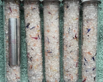 Lab Test Tube European Spa Salt and Pink Himalayan Salt Handmade Bath Soak Be Delicious Blossom Aroma Bath Salt is a Gift for her, Favors