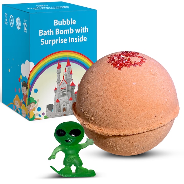 1 Bath Bomb 5 oz Tennis Ball Size with Alien Toy Inside For Kids, Teens Handmade For Boys & Girls Gift Party Favor Fizzies Fun Bath Time USA