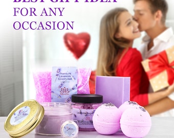 Lavender Gifts Set For Women - All Natural Organic: Candle Bath Bombs Soap Sugar Scrub Best Holidays Kit Idea for Mom Girls Her self care