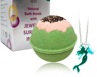 1 Bath Bomb 8oz with Turquoise Mermaid Necklace Inside Made in the USA gift for her, women, kids