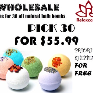 FREE SHIPPING! 30 Wholesale Organic 3.2 oz Bath Bombs w/Kaolin Clay, Epsom Salt, Apricot Kernel Oil, Coconut Oil Gift Party Favor