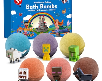 6 Bath Bombs with MINE CRAFTER Toys Inside for Kids – Natural & Safe Bombs with Essential Oils  Great Gift Set for Boys and Girls – 6 x 5 oz