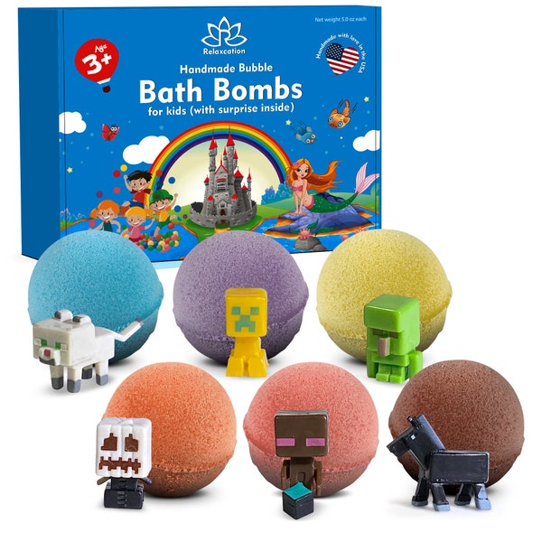 6 Bath Bombs with MINE CRAFTER Toys Inside for Kids – Natural & Safe Bombs with Essential Oils  Great Gift Set for Boys and Girls – 6 x 5 oz