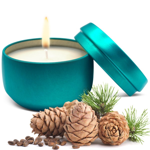 Cedar Balsam Scented Soy Wax Candle in Decorative Aroma Tin Box, Aromatherapy 6 Oz - Handmade in USA