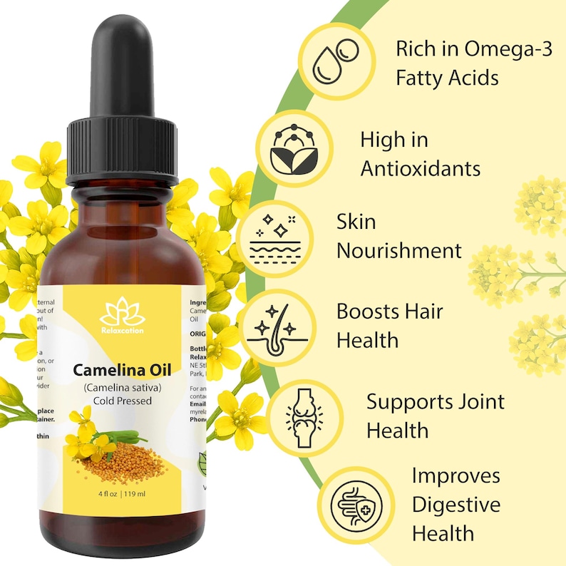 Peut inclure: Une bouteille en verre brun d'huile de cam&eacute;line avec un compte-gouttes noir, entour&eacute;e de fleurs jaunes. L'&eacute;tiquette indique "Camelina Oil (Camelina sativa) Cold Pressed" et "4 fl oz | 119 ml." L'image met &eacute;galement en &eacute;vidence les bienfaits.