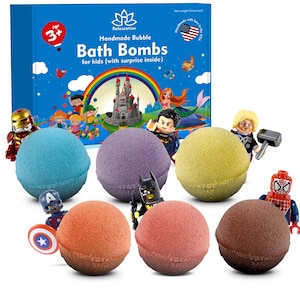 May include: Six colourful bath bombs with a surprise inside. The bath bombs are arranged in a circle with a small toy figurine in front of each one. The bath bombs are all different colours, including blue, purple, yellow, orange, red, and brown. The toys are all different superheroes, including Iron Man, Superman, Thor, Batman, Captain America, and Spiderman. The bath bombs are labelled "Handmade Bubble Bath Bombs for kids (with surprise inside)".