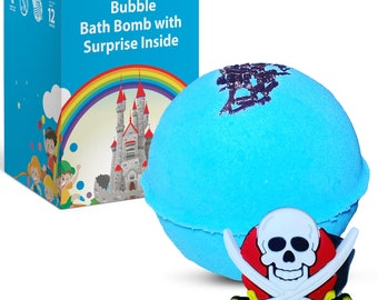 1 Bubble Bath Bomb for Kids with Surprise Pirate Ring Toy Inside - Moisturizing Coconut and Olive Oils and Baby Shark Aroma - Giftable Box