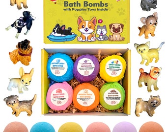 6 Bath Bombs with PUPPY Toys Inside for Kids – Natural & Safe Bombs with Essential Oils  – Great Gift Set for Boys and Girls