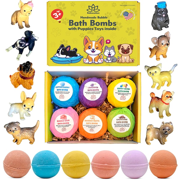 6 Bath Bombs with PUPPY Toys Inside for Kids – Natural & Safe Bombs with Essential Oils  – Great Gift Set for Boys and Girls