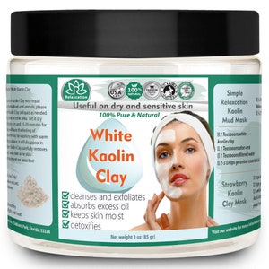 KAOLIN CLAY POWDER 3 oz All Natural and Pure White Kaolin Clay Cosmetic Grade, Great For Sensitive Skin, Use For Facial Masks, Hair Masks