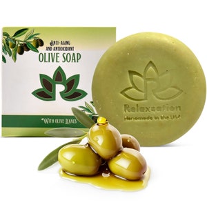 Natural Cold Process Olive Oil Soap Bar with Organic Olive Oil and Olive Leaves - Handmade in USA - Round