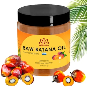 May include: A jar of Raw Batana Oil from Honduras, with a black lid and a yellow label. The label includes the text "MIRACLE OIL HELPS HAIR GROWTH 8 oz (225 g)". The image also shows several Batana fruits, some whole and some cut open.