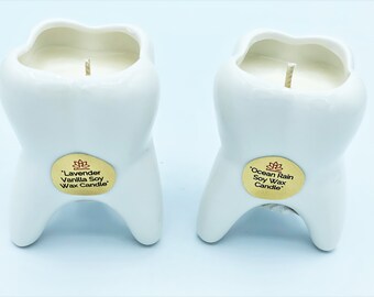 MINI MOLAR TOOTH Soy Wax Candle Set of 2 in Glazed Ceramic Vase, Gift For Dentists, Dental Students 4oz - Handmade - Gift ideas for Dentists