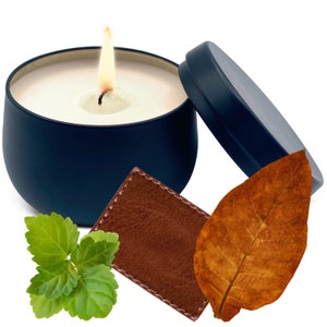 Leather Tobacco Patchouli Scented Soy Wax Candle in Decorative Aroma Tin Box, Aromatherapy 6 Oz - Handmade in USA