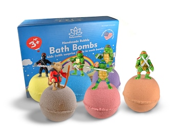 6 bombas de baño con juguetes de tortugas en el interior para niños – Bombas naturales y seguras con aceites esenciales – Gran set de regalo para niños y niñas – 6 x 5 oz