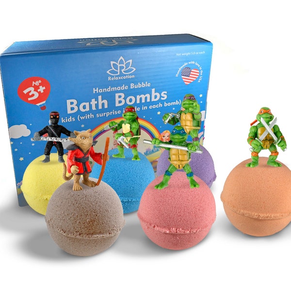 6 Bath Bombs with Turtles Toys Inside for Kids – Natural & Safe Bombs with Essential Oils  – Great Gift Set for Boys and Girls – 6 x 5 oz