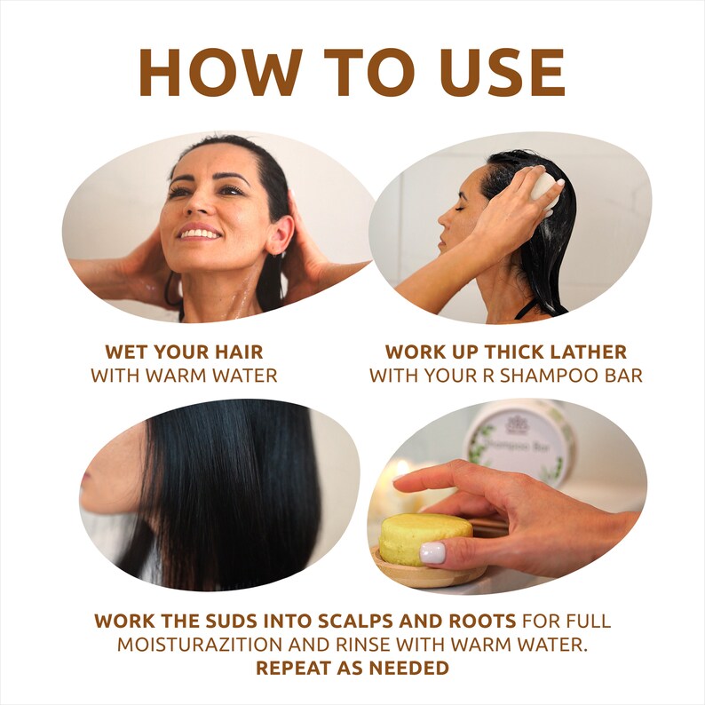 May include: How to use a shampoo bar: wet hair with warm water, work up a thick lather with the shampoo bar, and massage the suds into the scalp and roots. Rinse with warm water and repeat as needed.