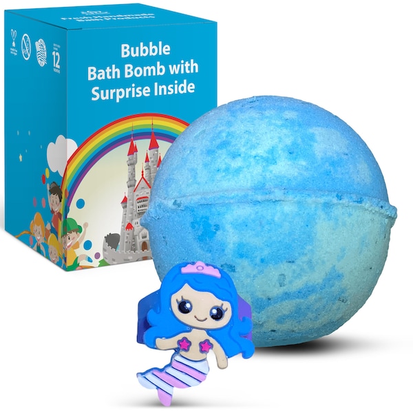 1 Bubble Bath Bomb for Kids with Surprise Finger Mermaid Ring Toy Inside - Moisturizing Coconut and Olive Oils and Sweet Island Nectar Aroma