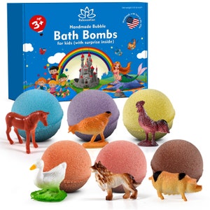 6 Bath Bombs For Kids with FARM ANIMALS Toys Inside Each Bomb Perfect Gift Set 5 oz Large Bath Fizzies w/Fun Bubble Effect For Boys and Girl