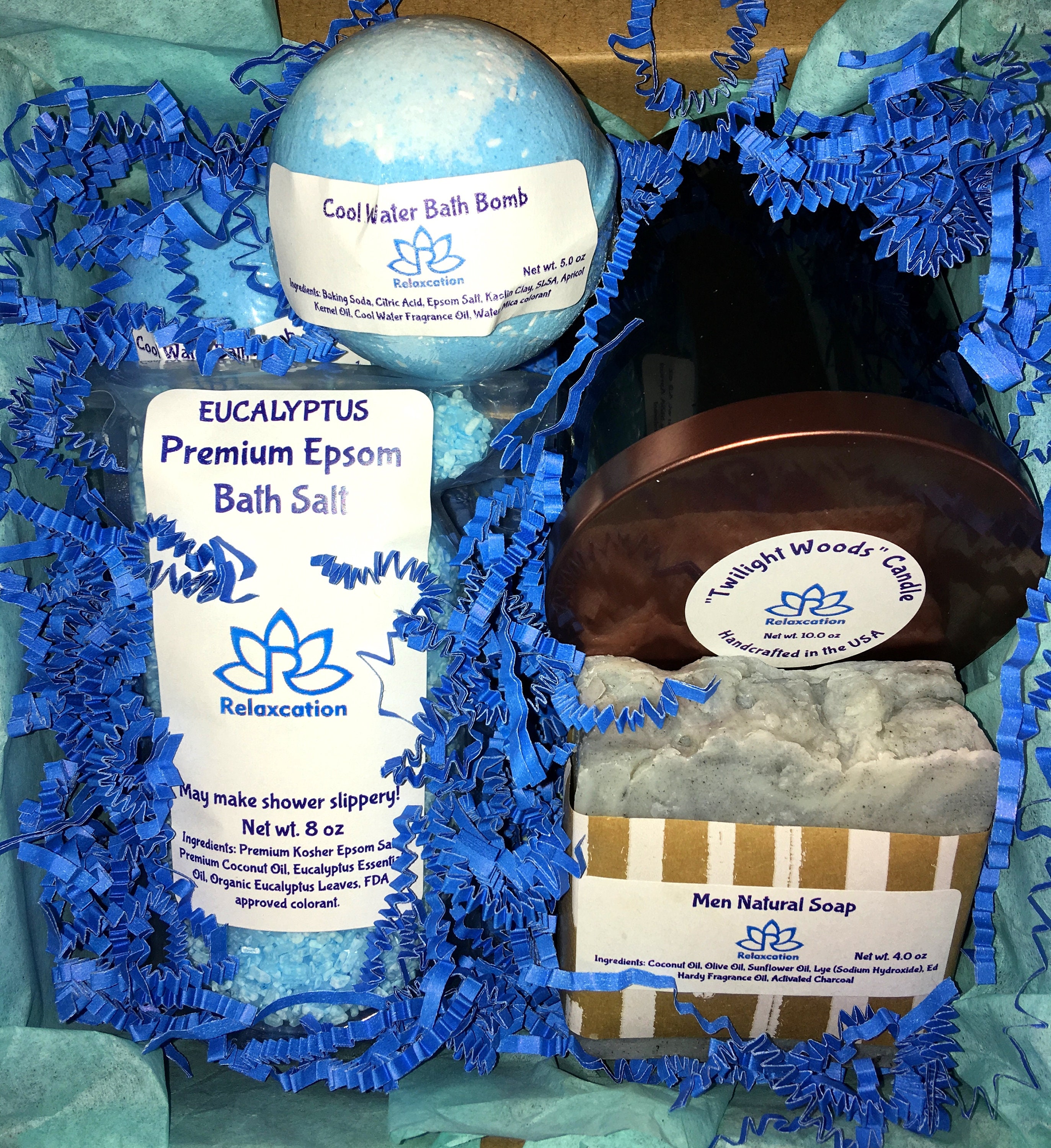 Spa Gift Set For Men - All Natural and Organic Ingredients - Soy Wax Candle, Soap For Men, Bath Bombs and Bath Salt - Handmade Basket