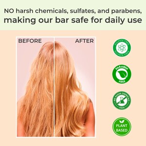 May include: Before and after image showing the difference in hair texture. The image on the left shows dry, frizzy hair. The image on the right shows smooth, shiny hair. The image includes text that says "Before" and "After". The image also includes several green circles with text that says "Sulfate Free", "Paraben Free", "No Harsh Chemicals", and "Plant Based".