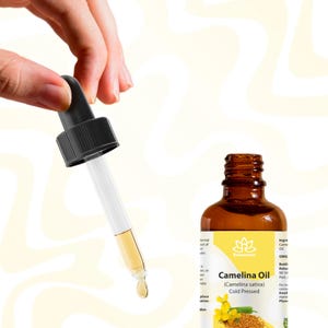 Peut inclure: Une bouteille en verre marron d'huile de cam&eacute;line avec une pipette. La pipette est tenue par une main et est remplie d'huile. La bouteille porte une &eacute;tiquette avec du texte, dont "Camelina Oil (Camelina sativa) Cold Pressed".