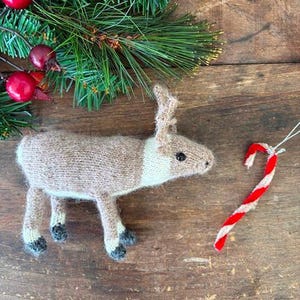 May include: A handmade knitted reindeer ornament with a white stripe and black eyes, next to a red and white candy cane ornament. The ornaments are on a wooden surface with a green garland and red berries.