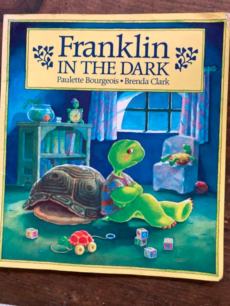 K&ouml;nnte beinhalten: Ein Kinderbuch mit dem Titel "Franklin in der Dunkelheit" von Paulette Bourgeois und Brenda Clark. Das Cover zeigt eine gr&uuml;ne Schildkr&ouml;te mit brauner Schale, die auf einem gr&uuml;nen Boden sitzt. Die Schildkr&ouml;te tr&auml;gt ein blau-wei&szlig; gestreiftes Hemd und hat einen traurigen Gesichtsausdruck. Auf dem Boden liegen bunte Bl&ouml;cke verstreut.