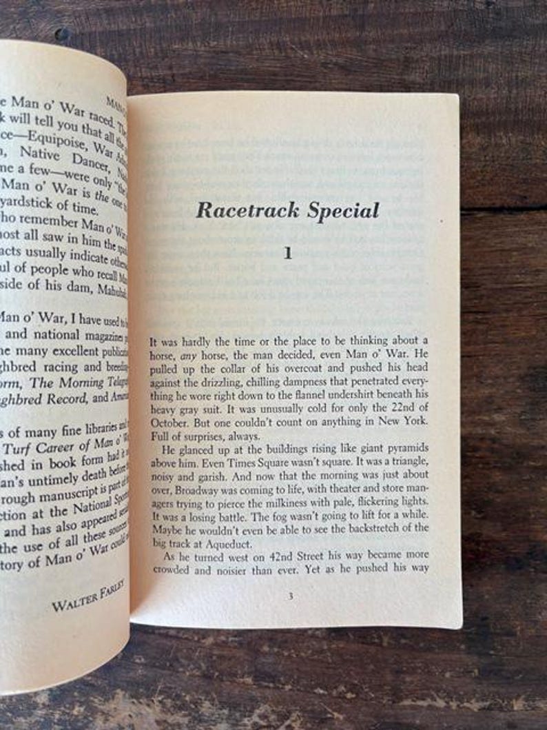 以下が含まれることがあります： 右ページに「Racetrack Special」のタイトルが書かれた開いた本。テキストは黒いフォントで、古びたオフホワイトの紙に書かれています。左ページには競馬に関するテキストがあります。