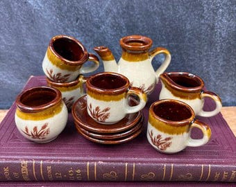 Vintage Stoneware Toy Tea Set: Wheat Motif Missing Plate & Lid