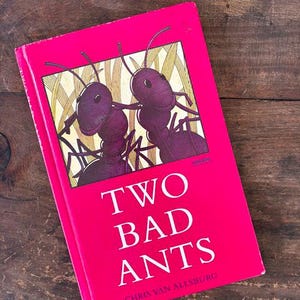 May include: A hardcover book titled "Two Bad Ants" by Chris Van Allsburg. The book has a bright pink cover with a detailed illustration of two purple ants. The background of the illustration features a yellow and beige pattern.