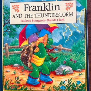 K&ouml;nnte beinhalten: Ein Kinderbuchcover mit einer gr&uuml;nen Schildkr&ouml;te namens Franklin, die einen Regenschirm h&auml;lt und im Regen geht. Der Buchtitel lautet "Franklin und das Gewitter" von Paulette Bourgeois und Brenda Clark. Das Cover zeigt auch einen kleinen gr&uuml;nen Frosch mit dem Text "Ich bin im Fernsehen!"