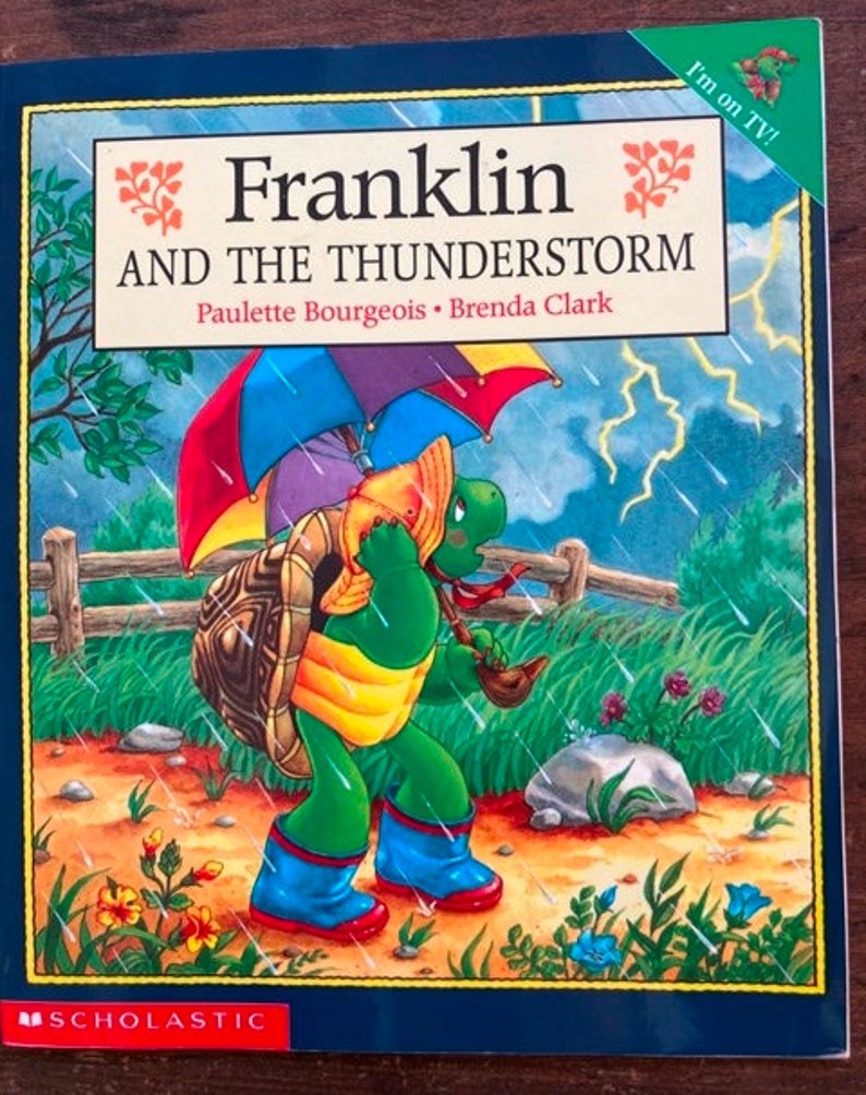 K&ouml;nnte beinhalten: Ein Kinderbuchcover mit einer gr&uuml;nen Schildkr&ouml;te namens Franklin, die einen Regenschirm h&auml;lt und im Regen geht. Der Buchtitel lautet "Franklin und das Gewitter" von Paulette Bourgeois und Brenda Clark. Das Cover zeigt auch einen kleinen gr&uuml;nen Frosch mit dem Text "Ich bin im Fernsehen!"