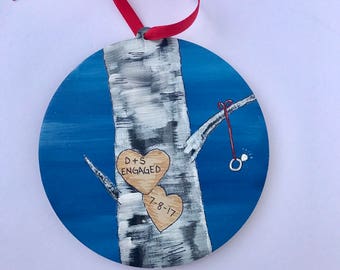 The engagement ornament - Personalized - Hand Painted - Ring - Birch Tree Carving - Save the Date - We're engaged - Engagement Gift Idea -