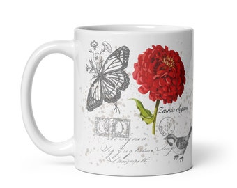 Zinnia Flower Botanical Illustration Coffee Mug Red - Gift Idea for Gardener - Vintage Bird And Flower Art - Flower Farmer Zinnia Elegans