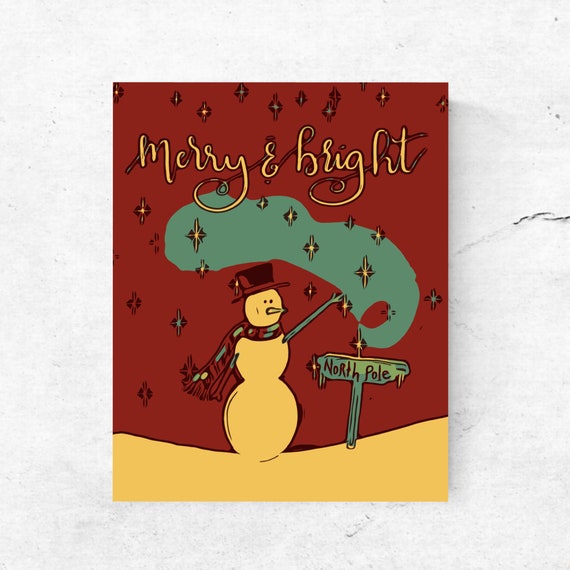 Merry and bright retro vintage wall art printable - instant download - snowman North Pole - snow whimsical - decor - print - red teal yellow Il_570xn