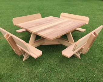 56" Square Top Picnic Table with Backs on the Seats, Built of Beautiful Western Red Cedar with Stainless Steel Hardware