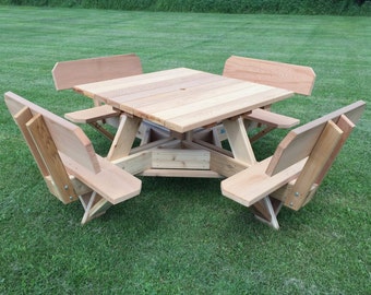 45" Square Top Picnic Table with Backs on the Seats, Built of Beautiful Western Red Cedar with Stainless Steel Hardware