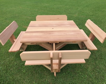 56" Square Top Picnic Table with Backs on the Seats, Built of Beautiful Western Red Cedar