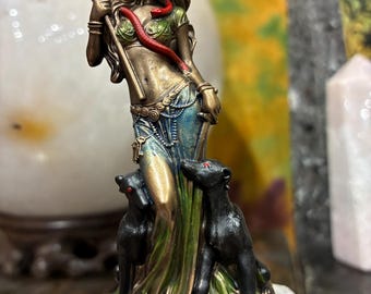 Hecate Statue 3 5/8" Bronze Cast Resin | Greek Goddess Torch Serpent Hounds Altar Decor