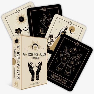 May include: A deck of "Voice of the Souls Oracle" cards with a beige box and black and gold card designs. The box features the title, hands, and an eye symbol. The cards have celestial and hand illustrations.